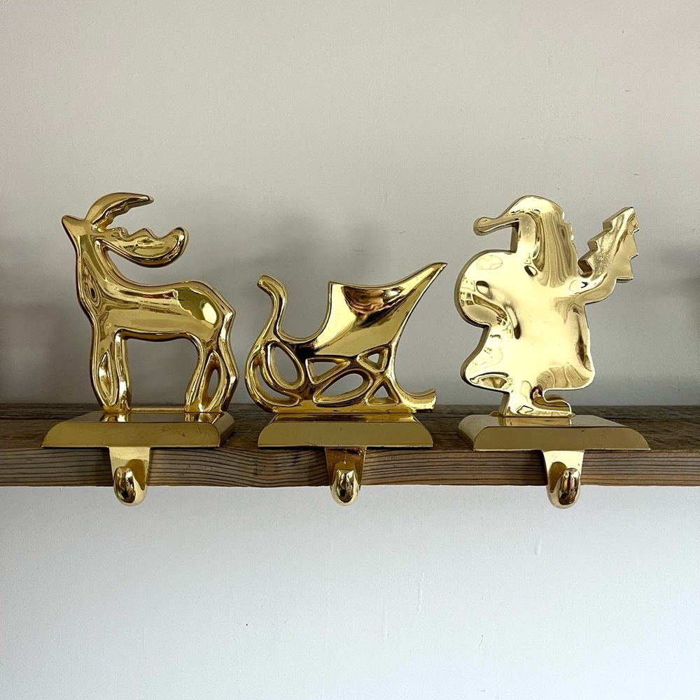 Brass Reindeer, Sleigh, and Santa Stocking Hooks